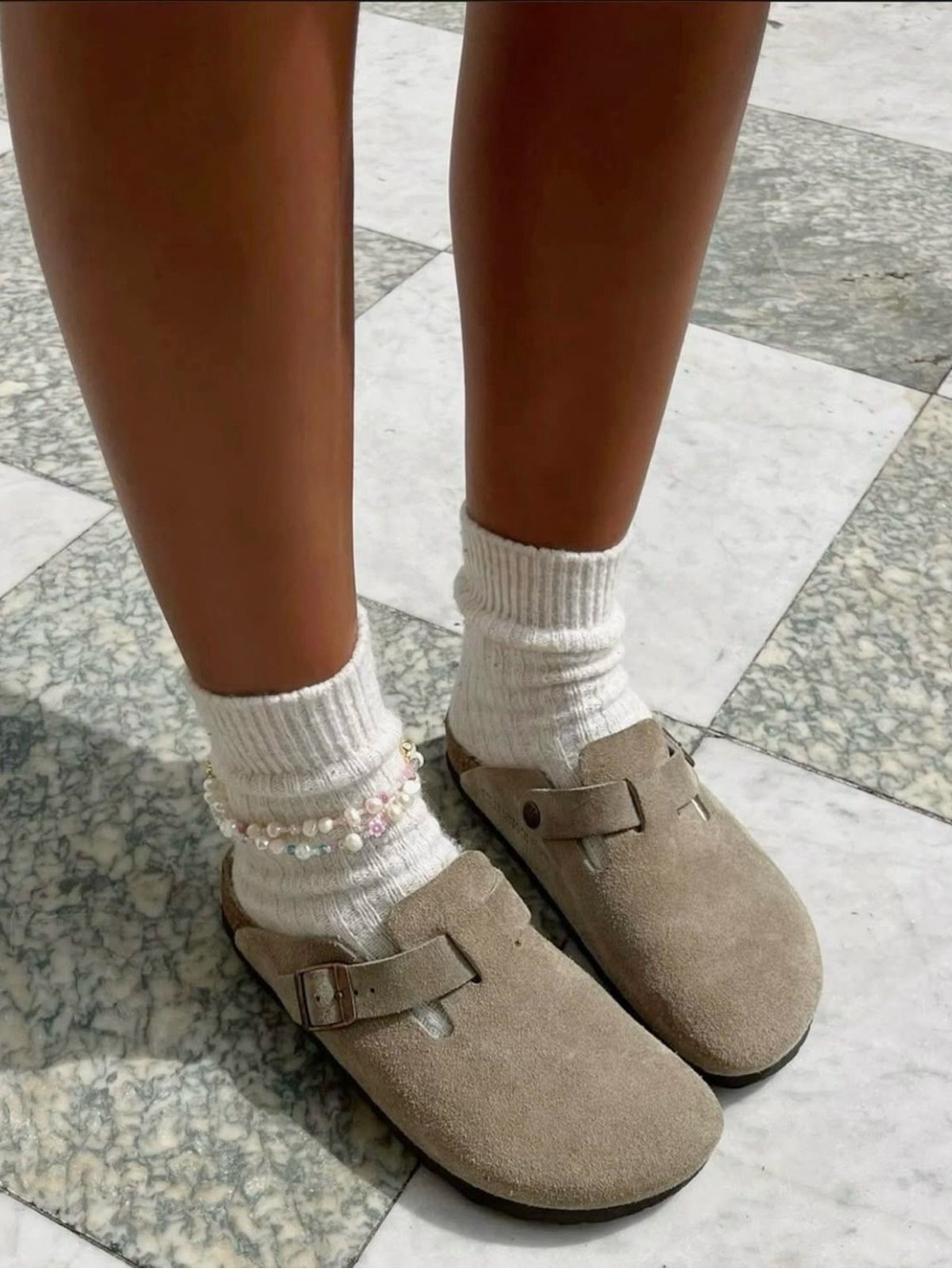 Birkenstock Suede Clog Mules in Taupe